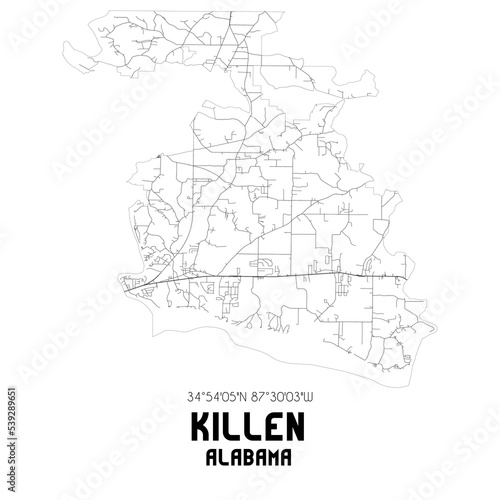 Killen Alabama. US street map with black and white lines.