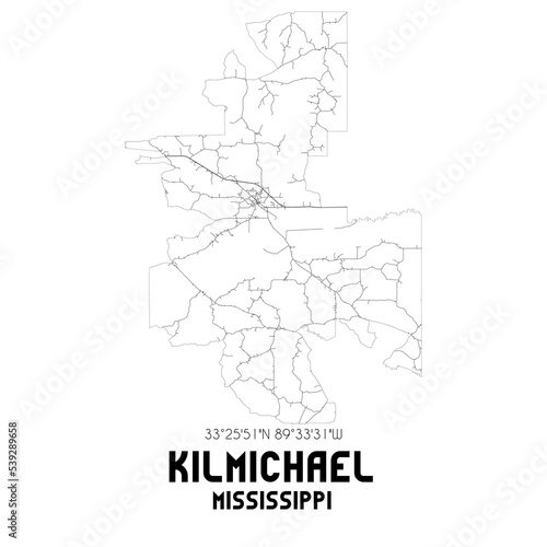 Kilmichael Mississippi. US street map with black and white lines.
