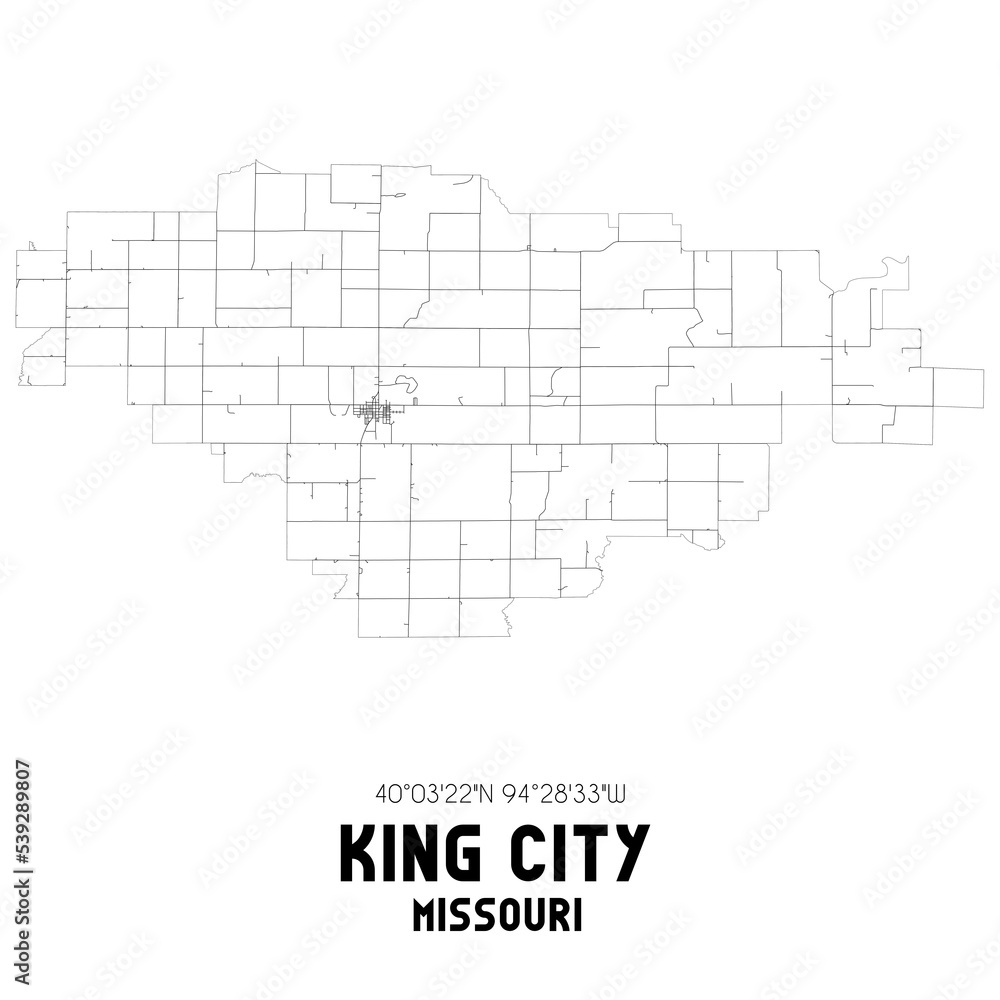 King City Missouri. US street map with black and white lines.