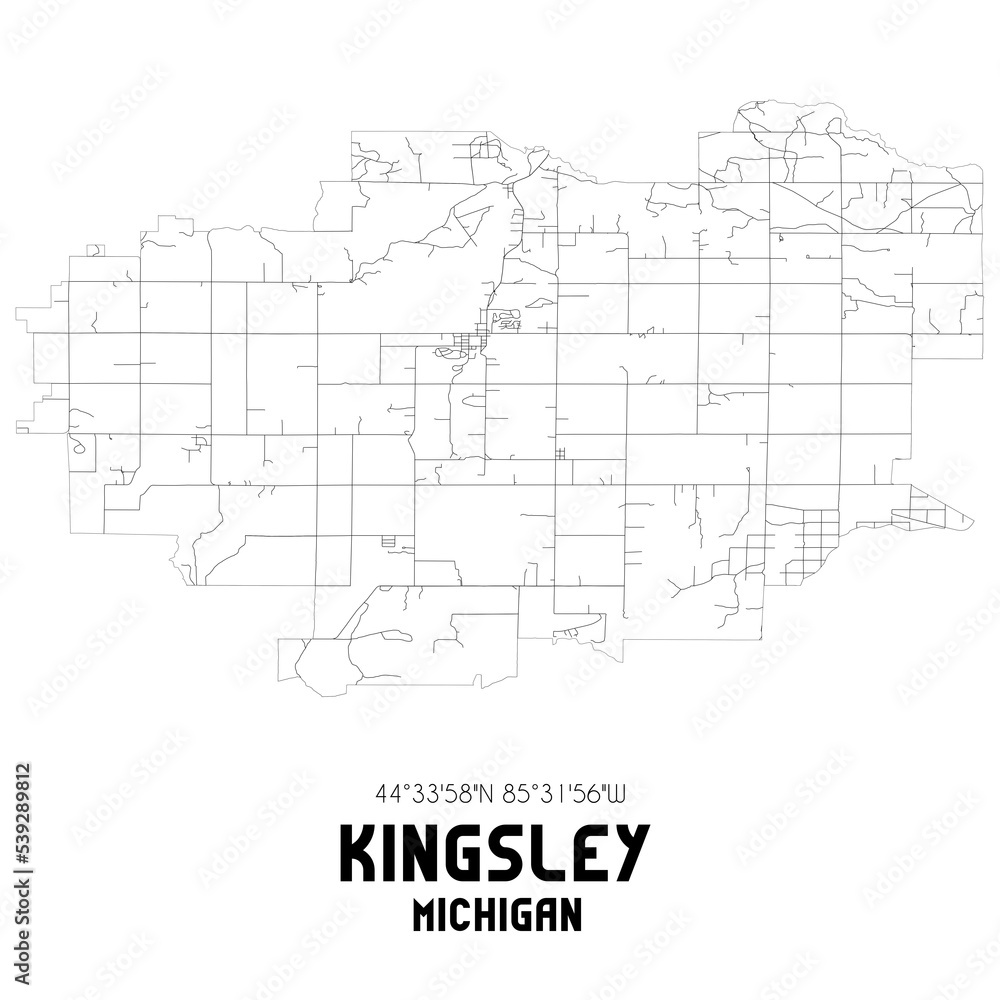 Kingsley Michigan. US street map with black and white lines.