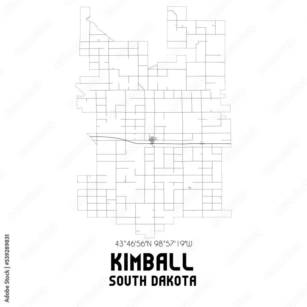 Kimball South Dakota. US street map with black and white lines.