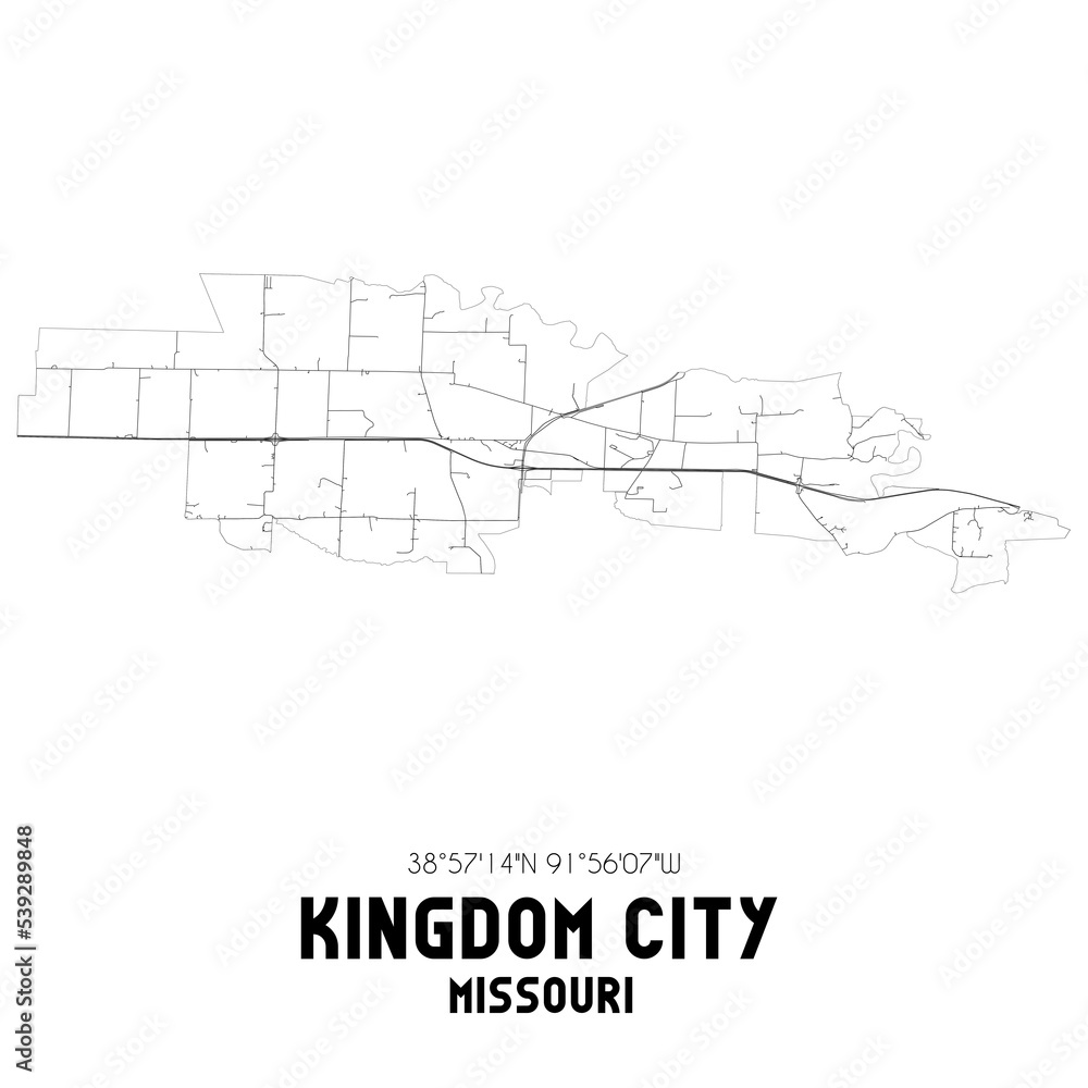 Kingdom City Missouri. US street map with black and white lines.