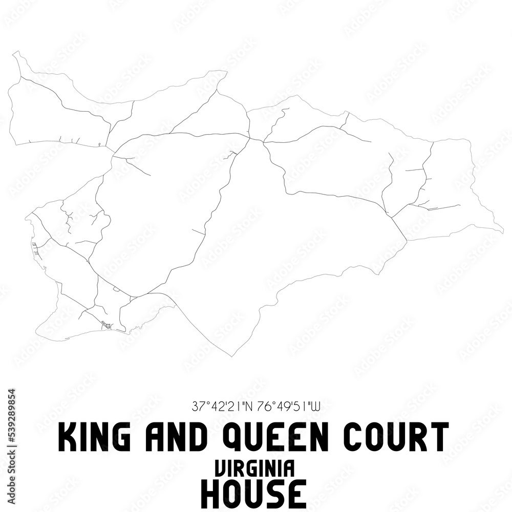 King And Queen Court House Virginia. US street map with black and white lines.