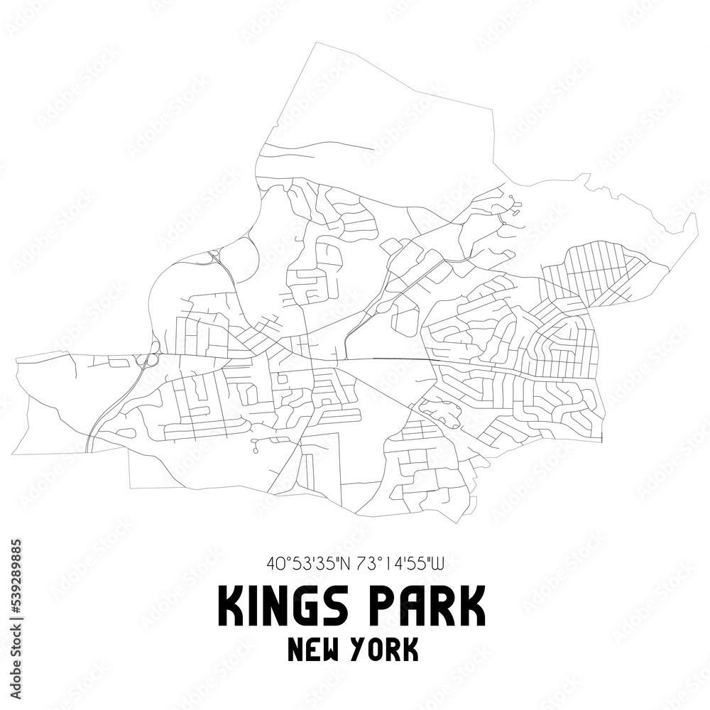 Kings Park New York. US street map with black and white lines.