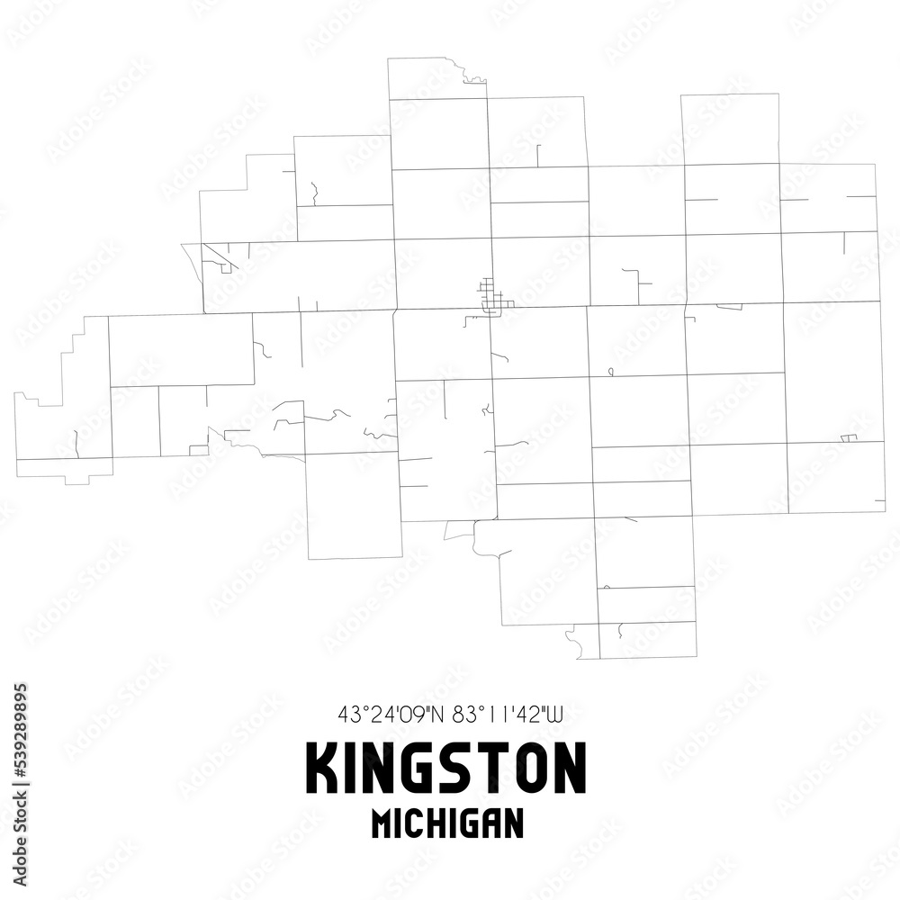 Kingston Michigan. US street map with black and white lines.
