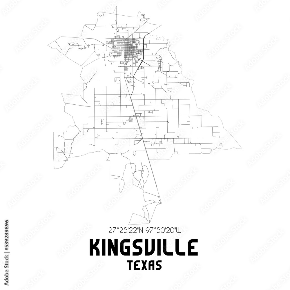 Kingsville Texas. US street map with black and white lines.