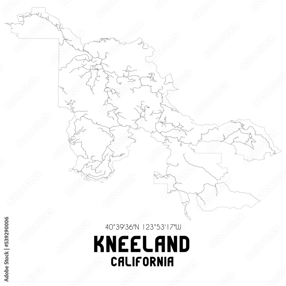 Kneeland California. US street map with black and white lines.
