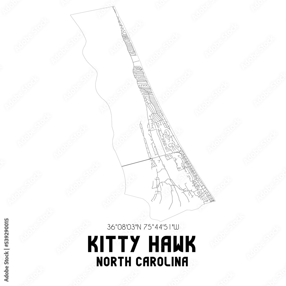 Obraz premium Kitty Hawk North Carolina. US street map with black and white lines.