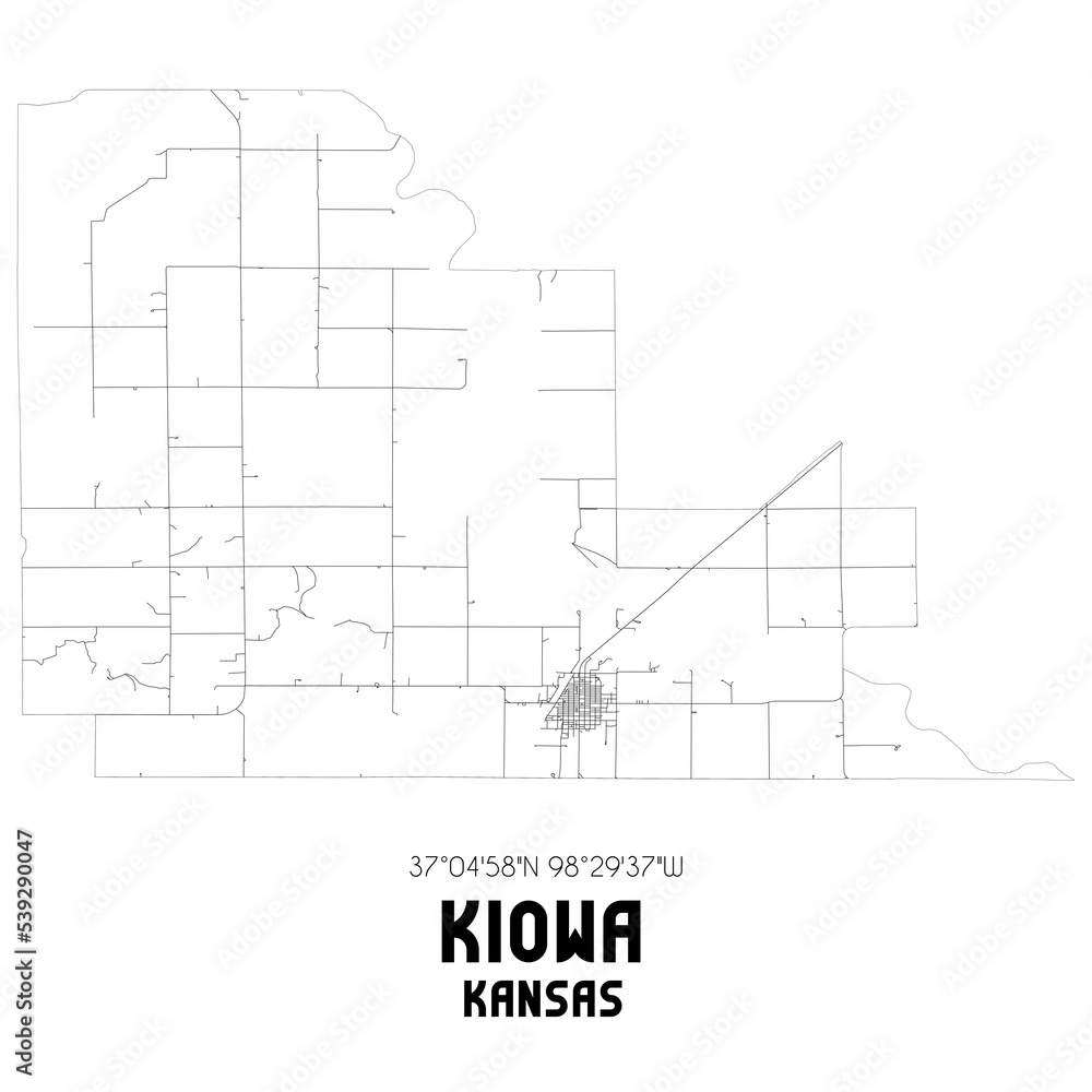 Kiowa Kansas. US street map with black and white lines.