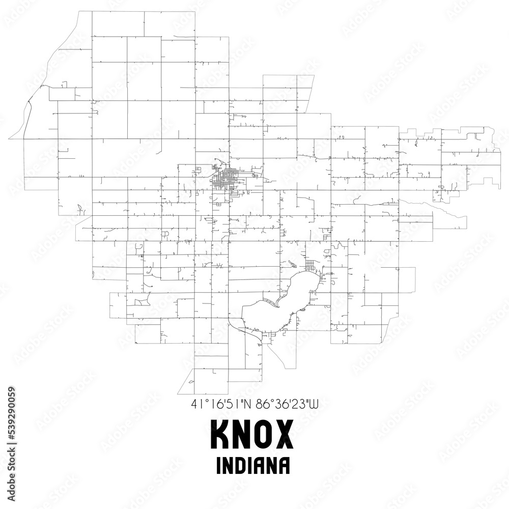 Knox Indiana. US street map with black and white lines.