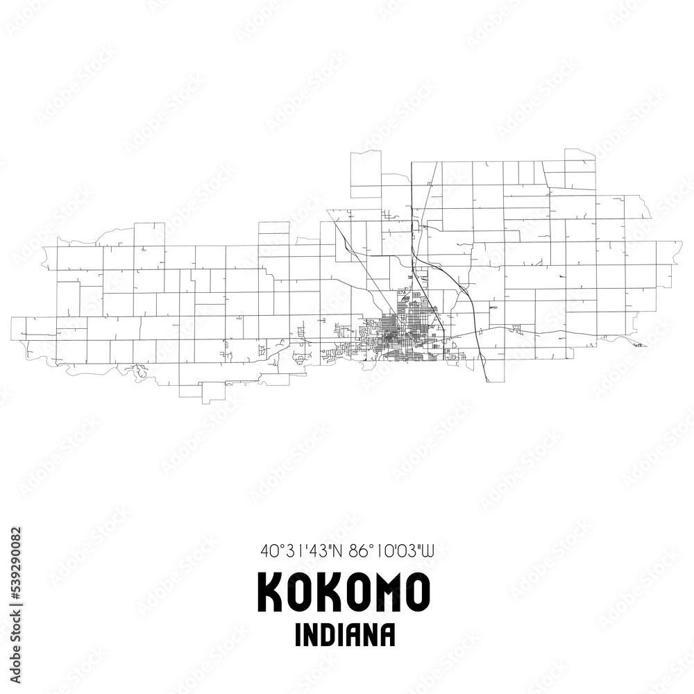 Kokomo Indiana. US street map with black and white lines.