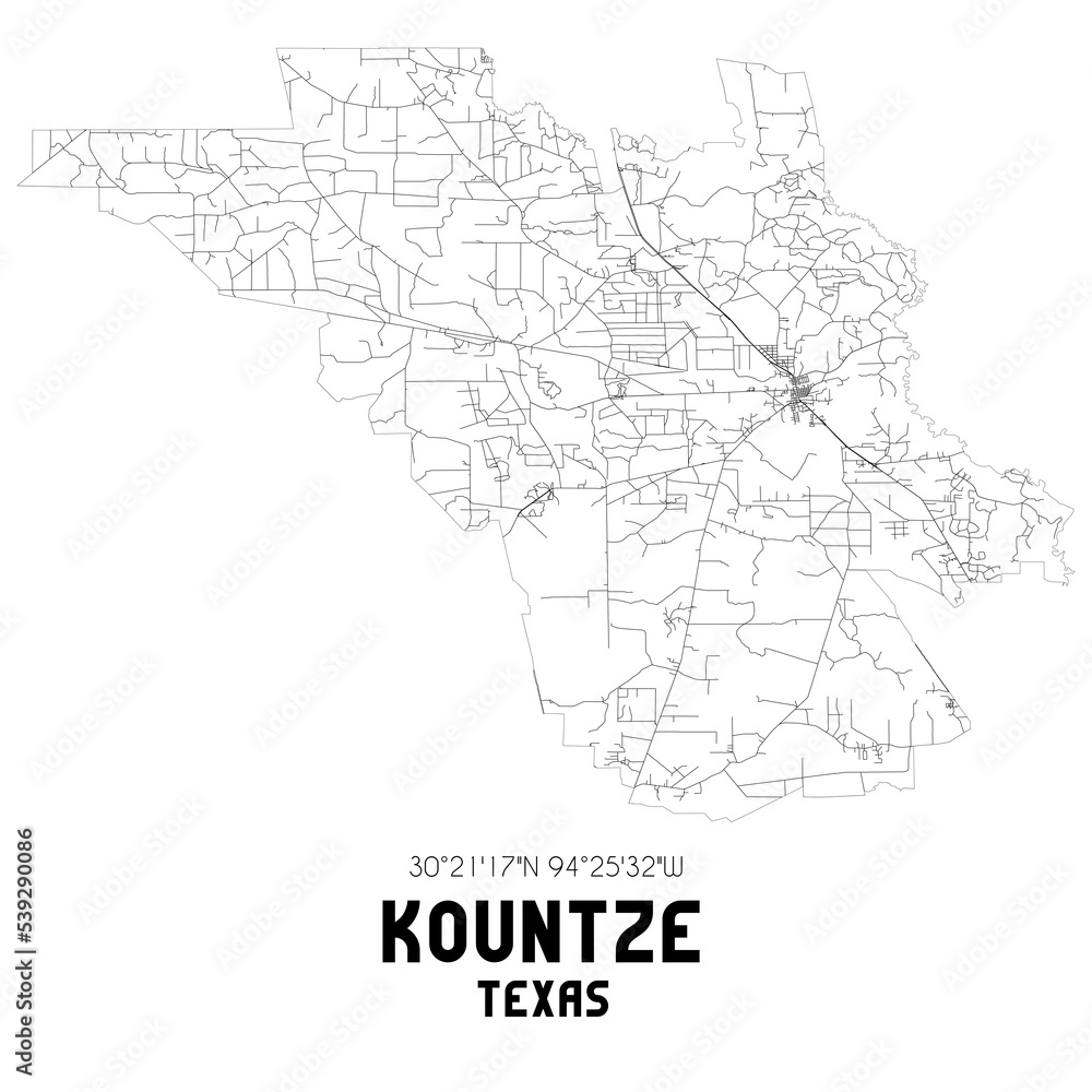 Kountze Texas. US street map with black and white lines.