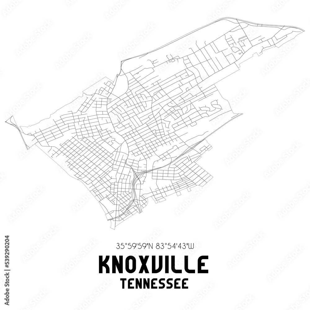 Knoxville Tennessee. US street map with black and white lines.