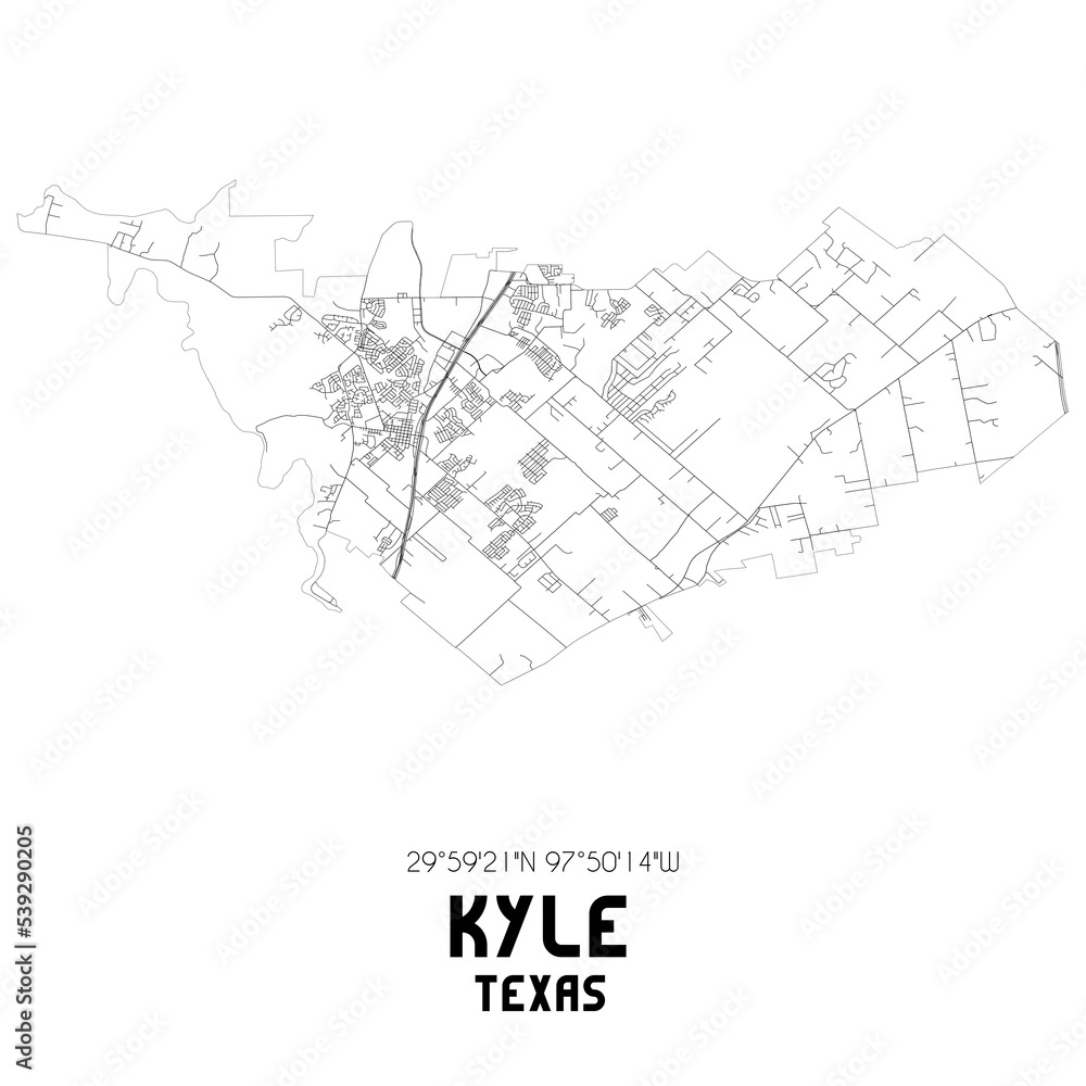 Kyle Texas. US street map with black and white lines.