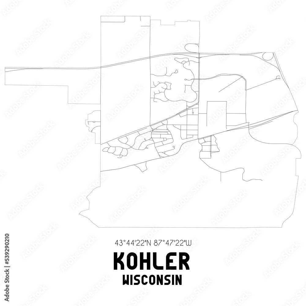 Kohler Wisconsin. US street map with black and white lines.