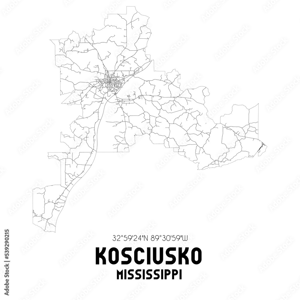 Kosciusko Mississippi. US street map with black and white lines. Stock