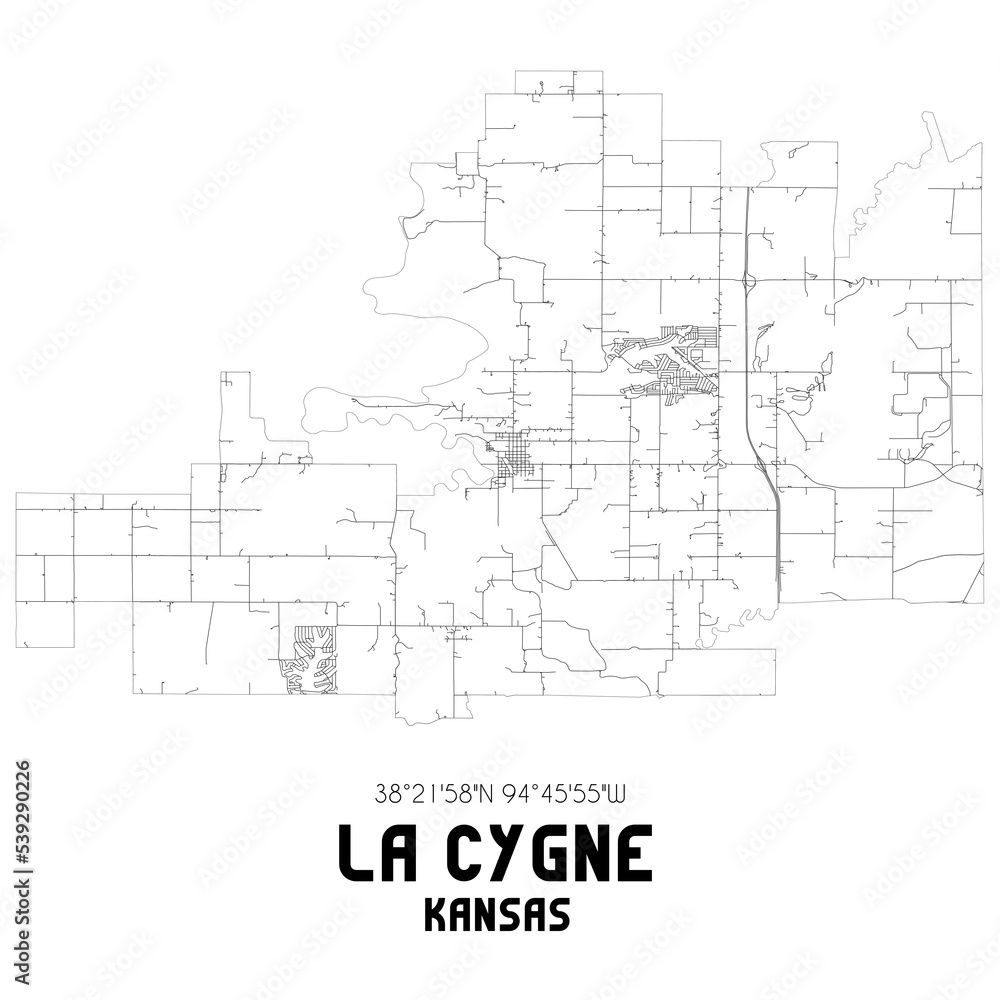 La Cygne Kansas. US street map with black and white lines.