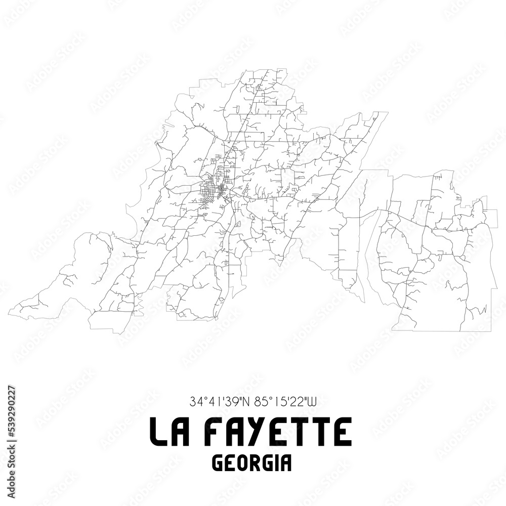 La Fayette Georgia. US street map with black and white lines.