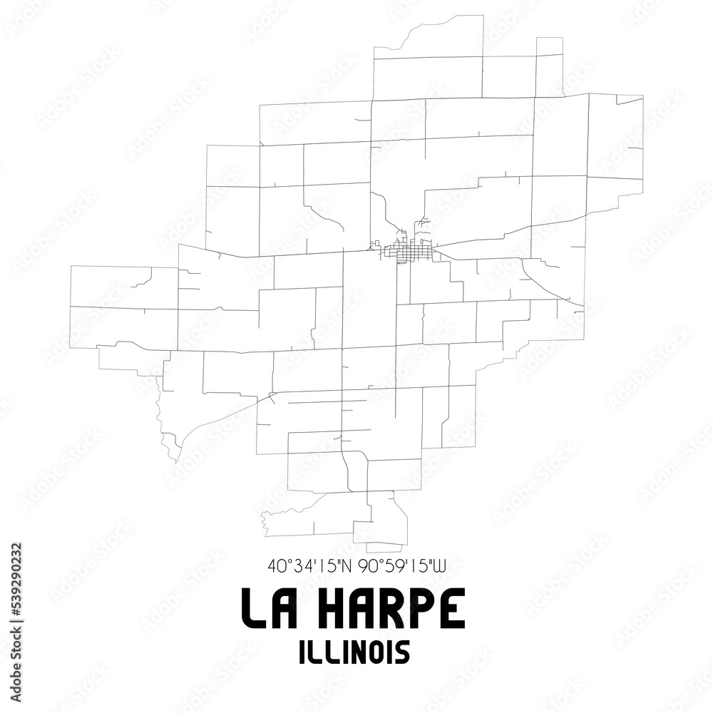 La Harpe Illinois. US street map with black and white lines.
