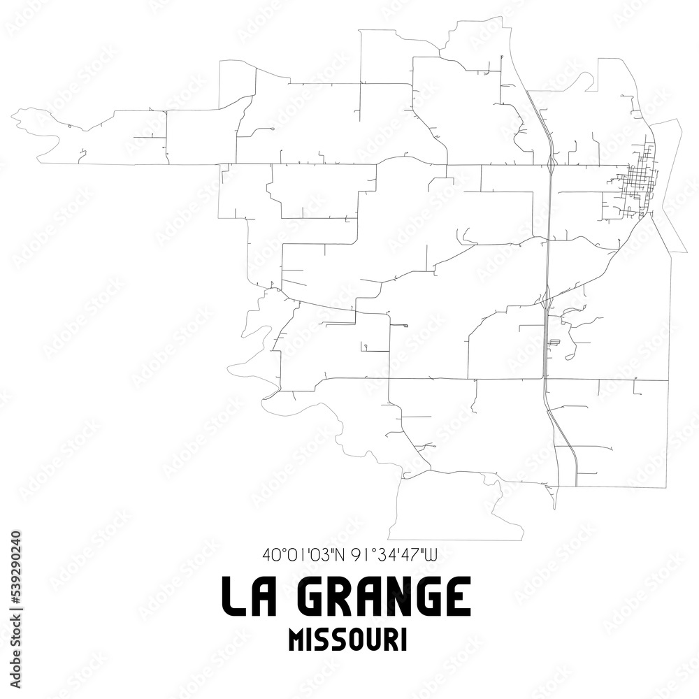 La Grange Missouri. US street map with black and white lines.