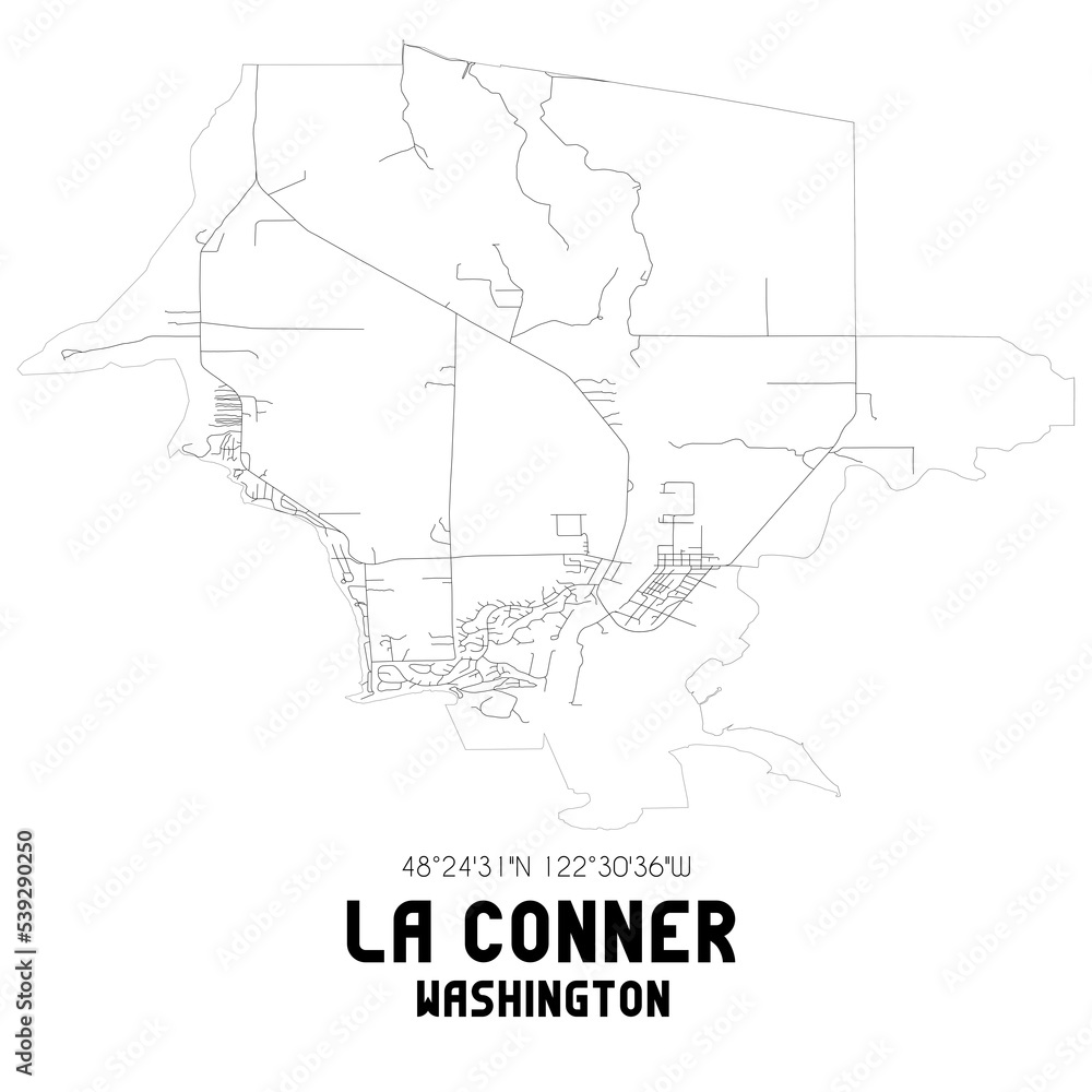 La Conner Washington. US street map with black and white lines.