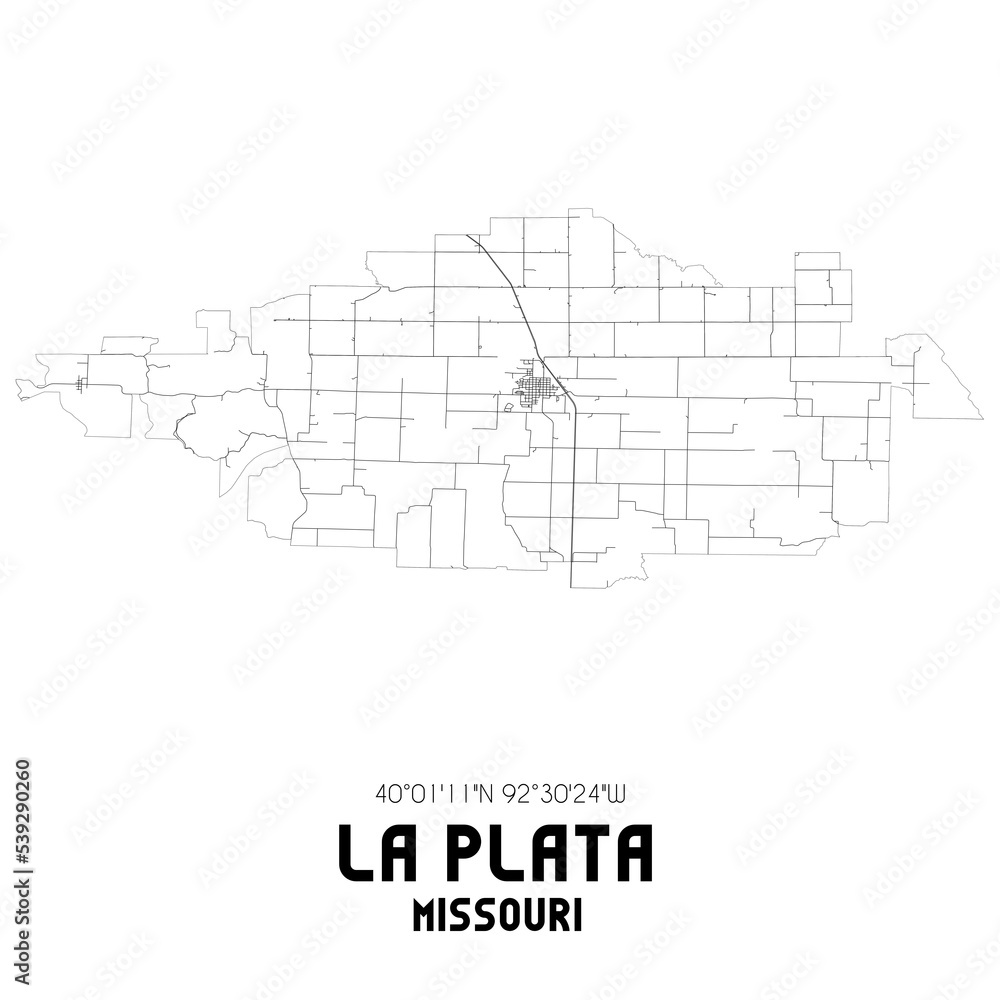 La Plata Missouri. US street map with black and white lines.