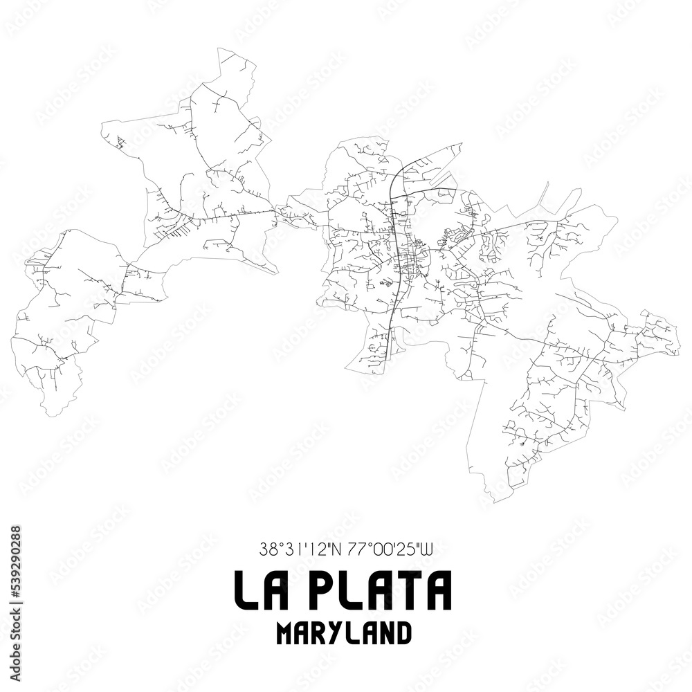 La Plata Maryland. US street map with black and white lines.