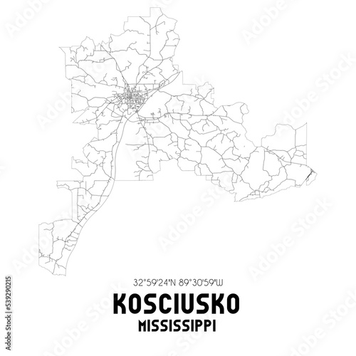 Kosciusko Mississippi. US street map with black and white lines.