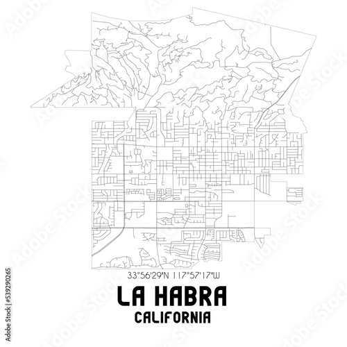 La Habra California. US street map with black and white lines.