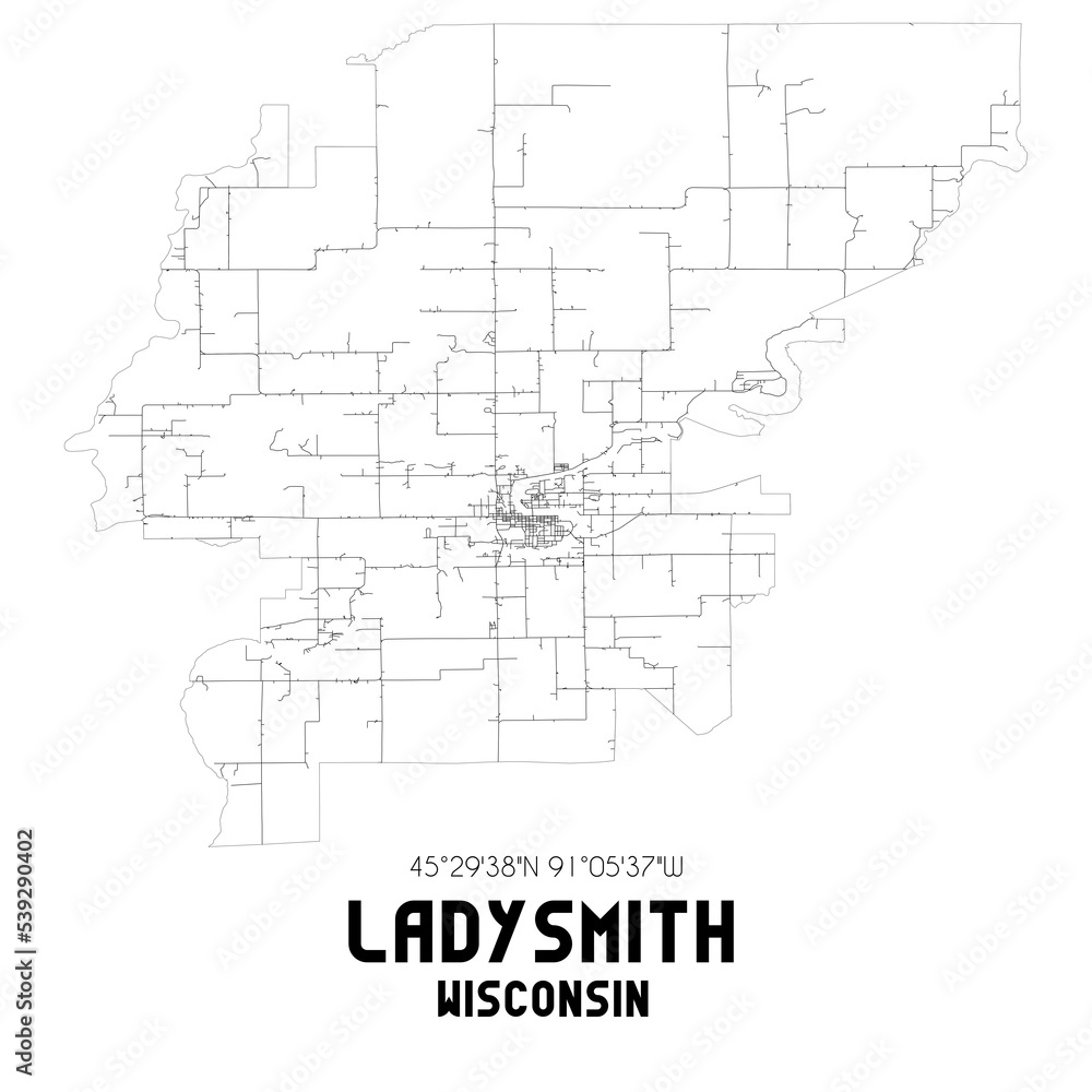 Ladysmith Wisconsin. US street map with black and white lines.