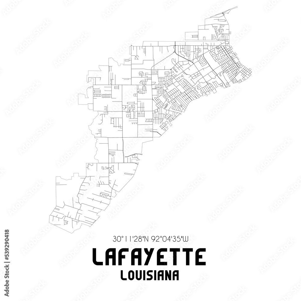 Lafayette Louisiana. US street map with black and white lines.
