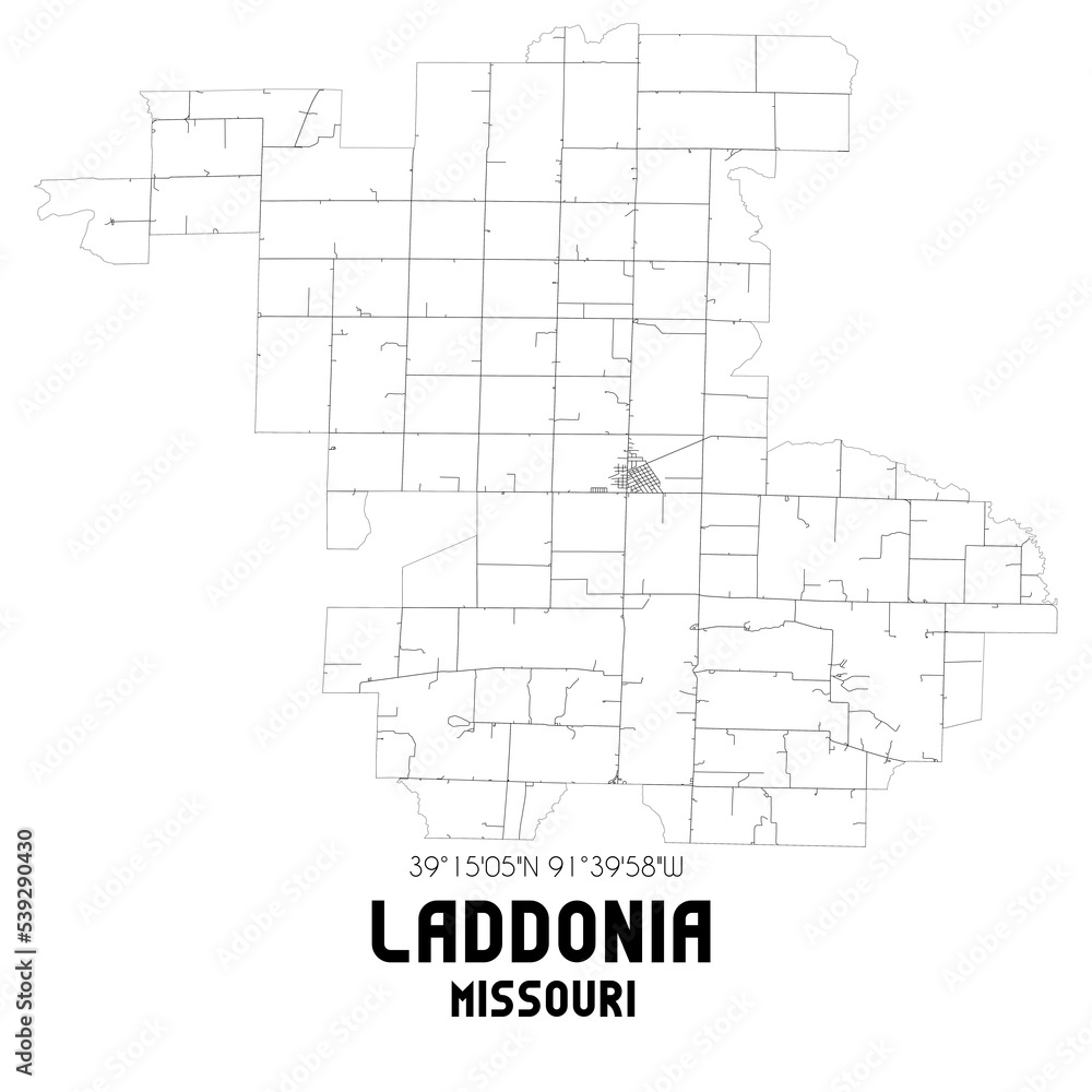 Laddonia Missouri. US street map with black and white lines.