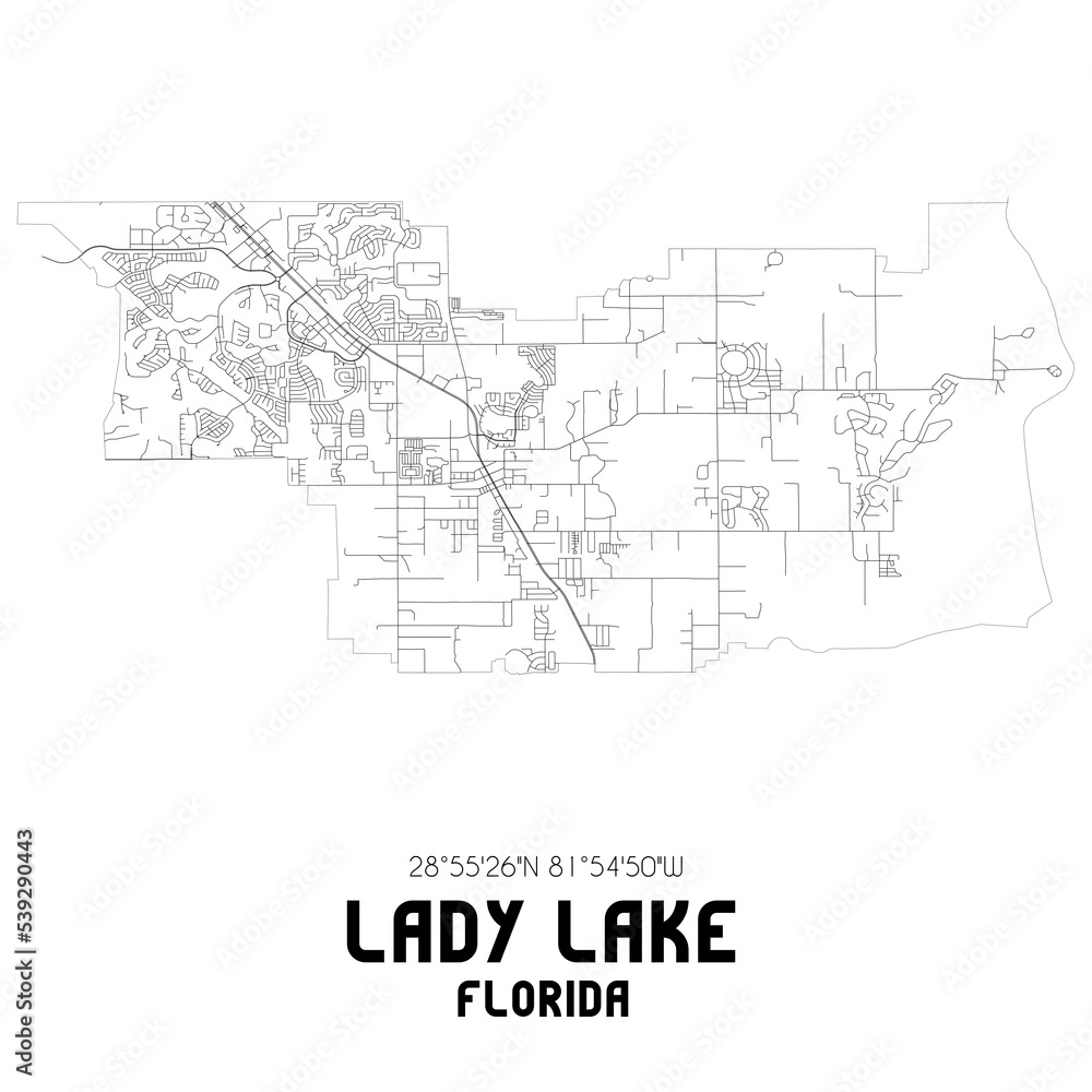 Lady Lake Florida. US street map with black and white lines.