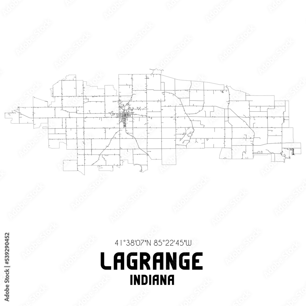 Lagrange Indiana. US street map with black and white lines.