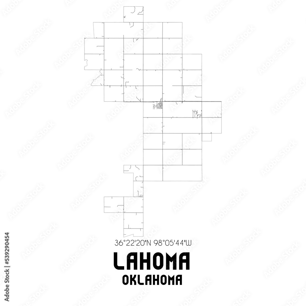Lahoma Oklahoma. US street map with black and white lines.