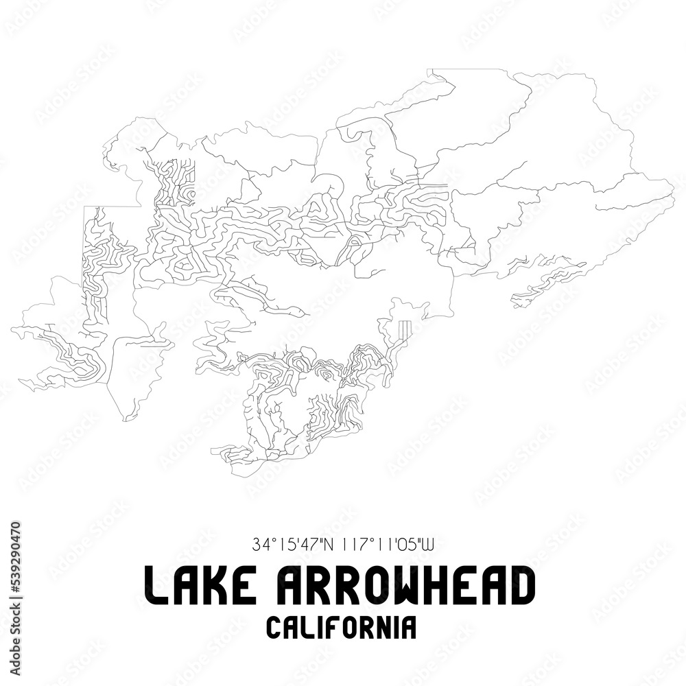 Lake Arrowhead California. US street map with black and white lines.