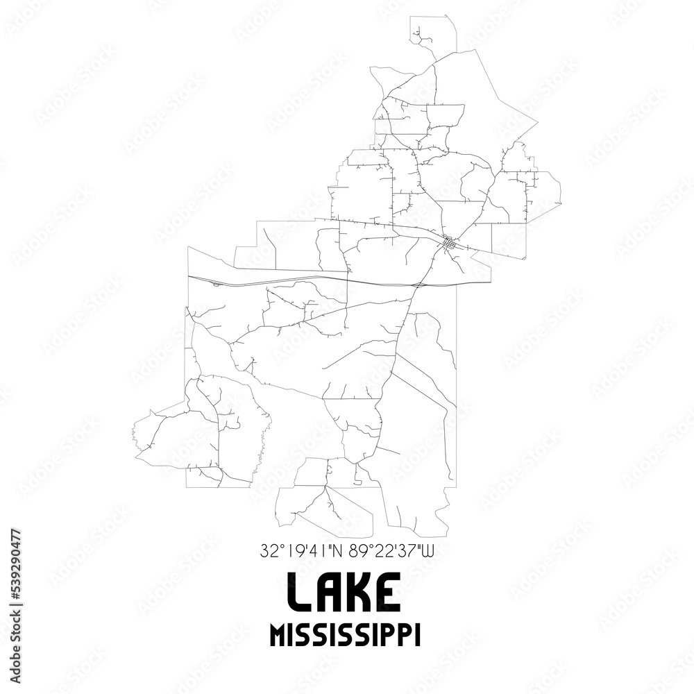 Lake Mississippi. US street map with black and white lines.