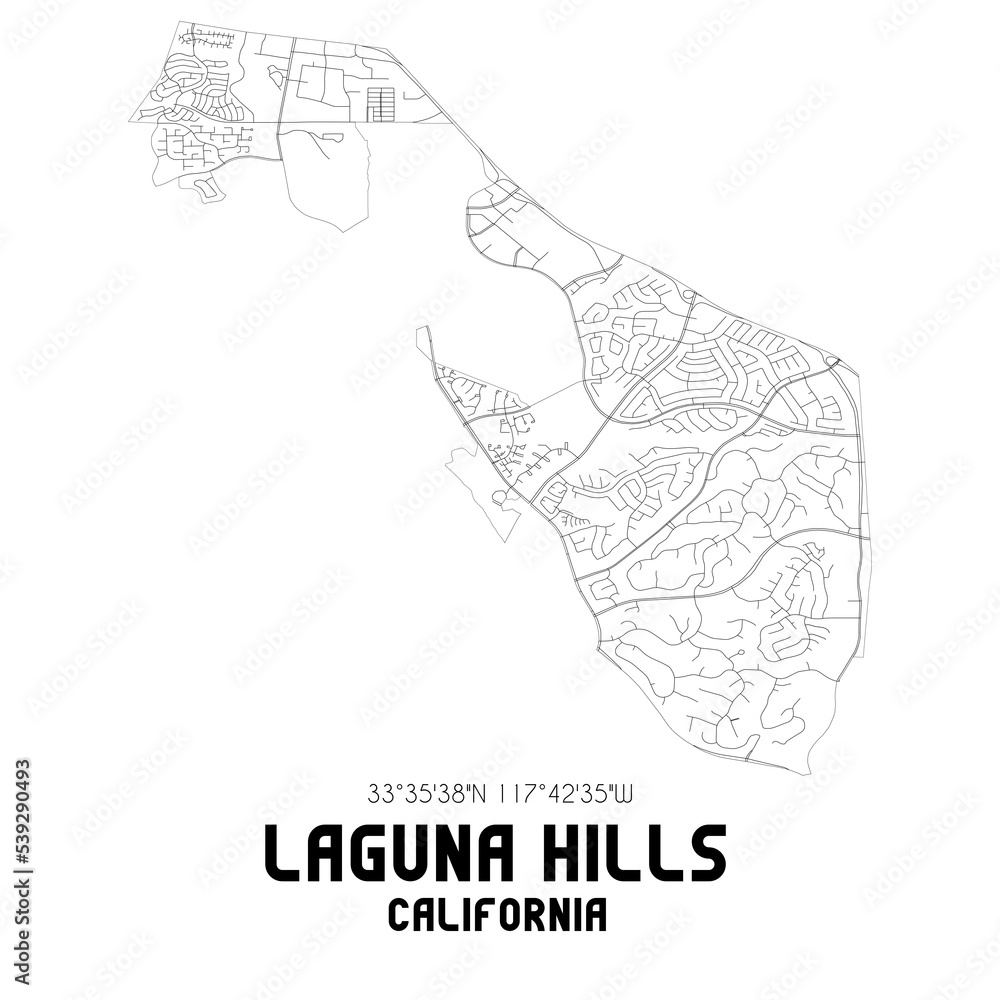 Laguna Hills California. US street map with black and white lines.