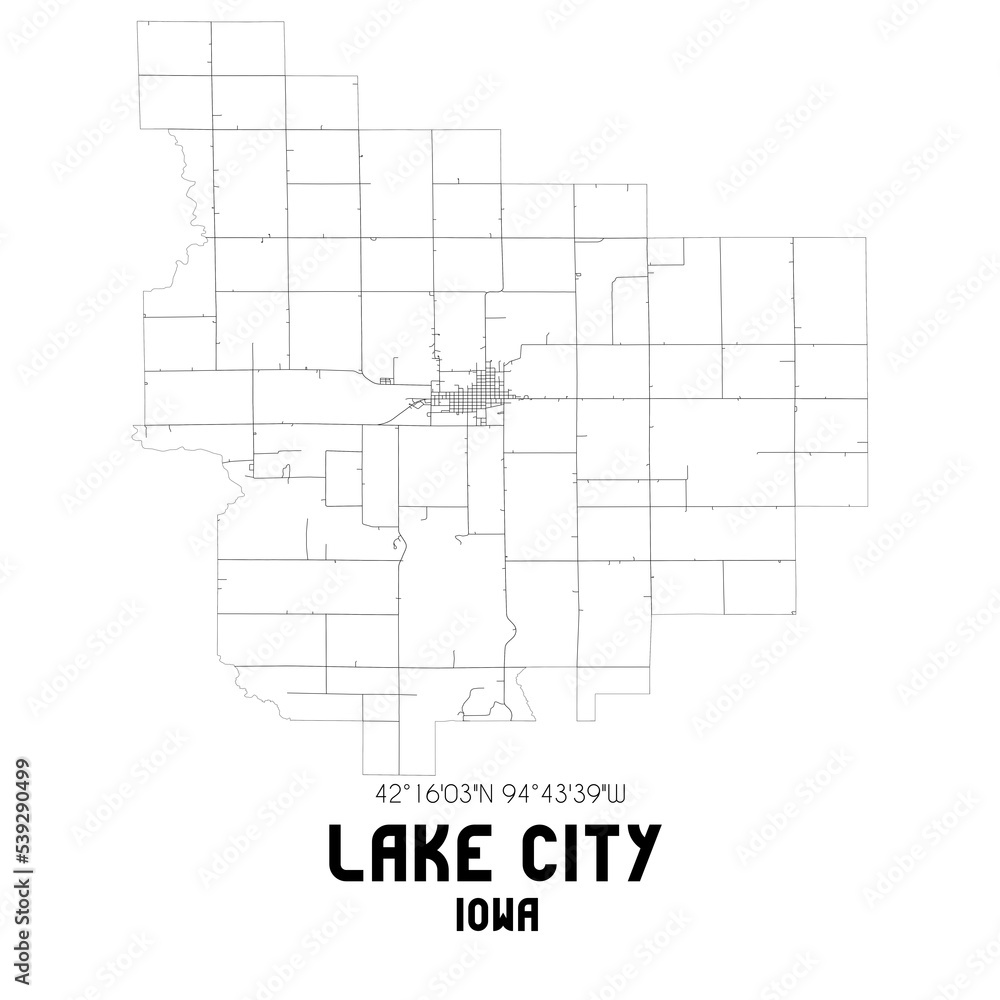 Lake City Iowa. US street map with black and white lines.