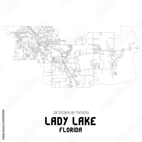 Lady Lake Florida. US street map with black and white lines.