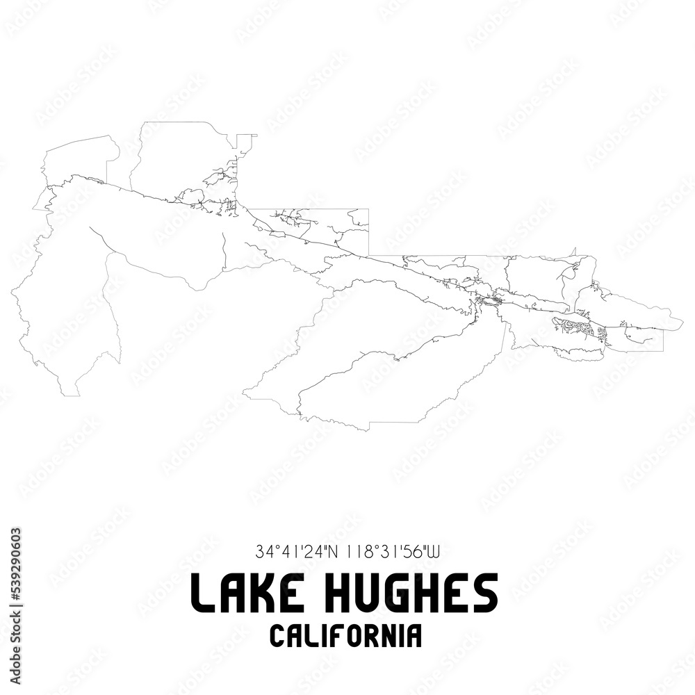 Lake Hughes California. US street map with black and white lines.