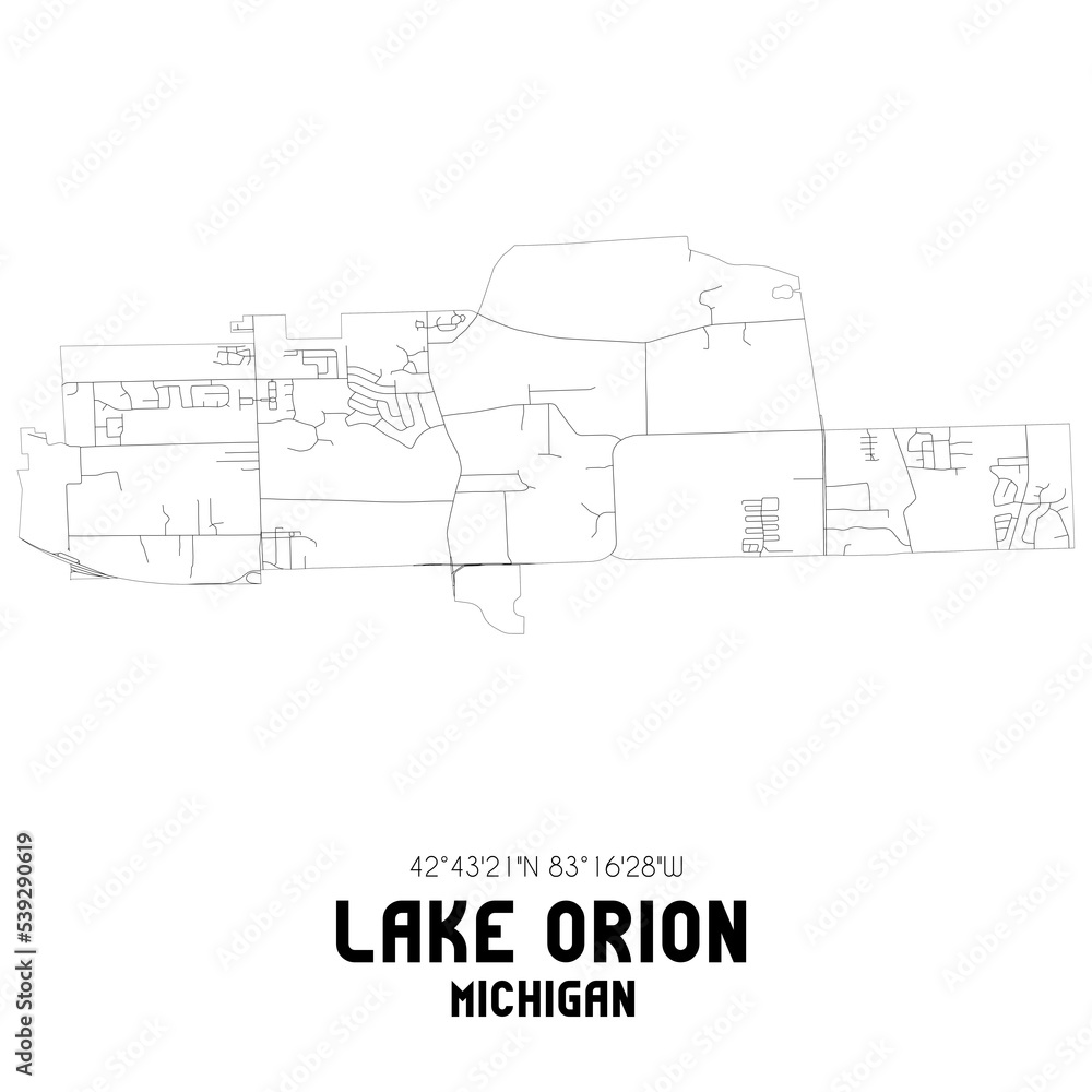 Lake Orion Michigan. US street map with black and white lines.