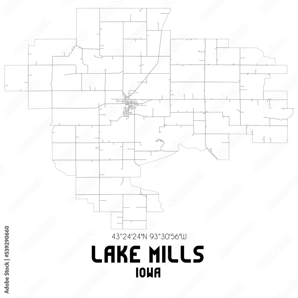 Lake Mills Iowa. US street map with black and white lines.