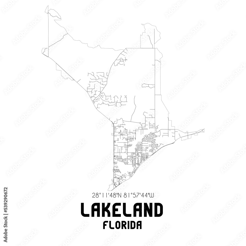 Lakeland Florida. US street map with black and white lines. Stock