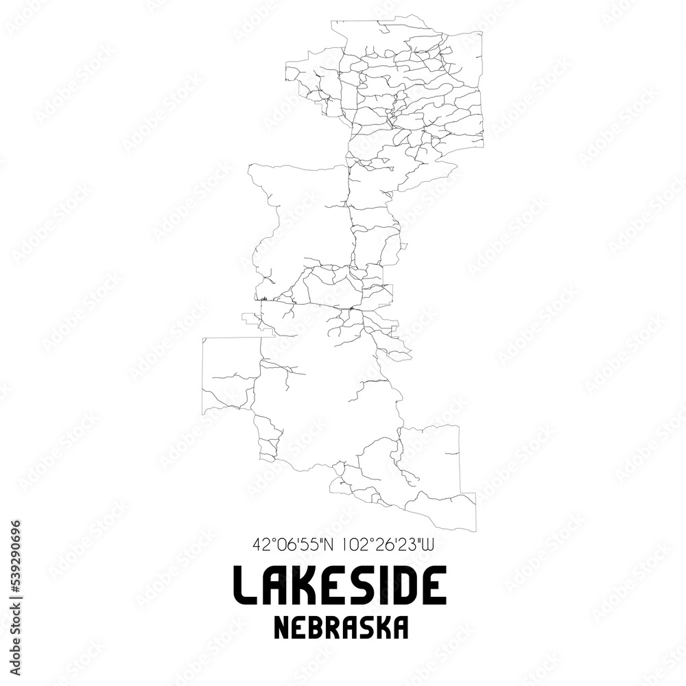 Lakeside Nebraska. US street map with black and white lines.