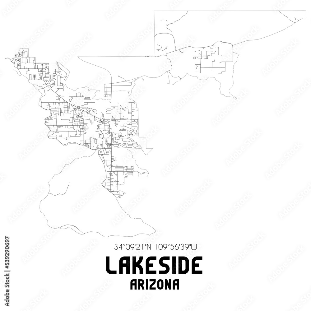 Lakeside Arizona. US street map with black and white lines.