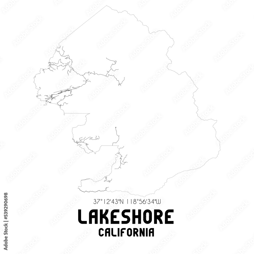 Lakeshore California. US street map with black and white lines.