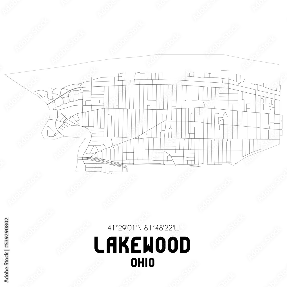 Lakewood Ohio. US street map with black and white lines. Stock