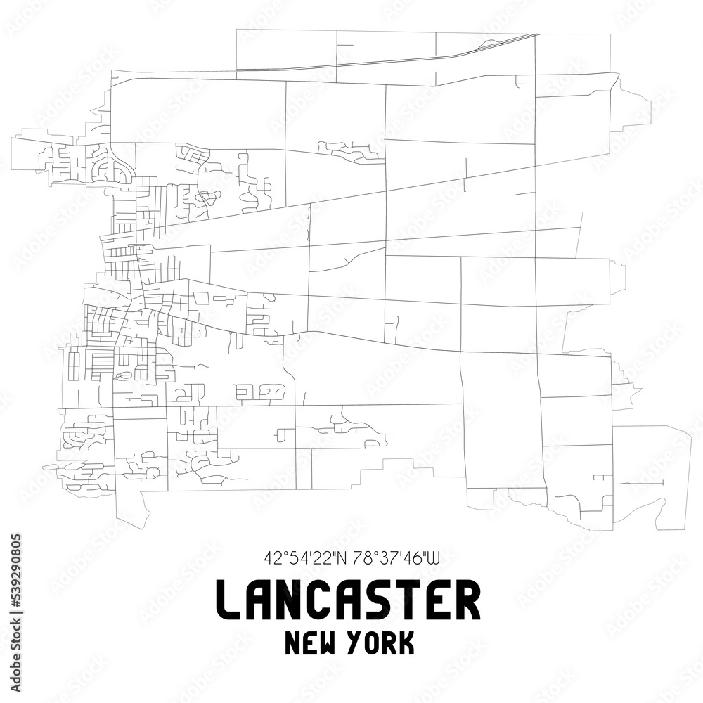 Lancaster New York. US street map with black and white lines.
