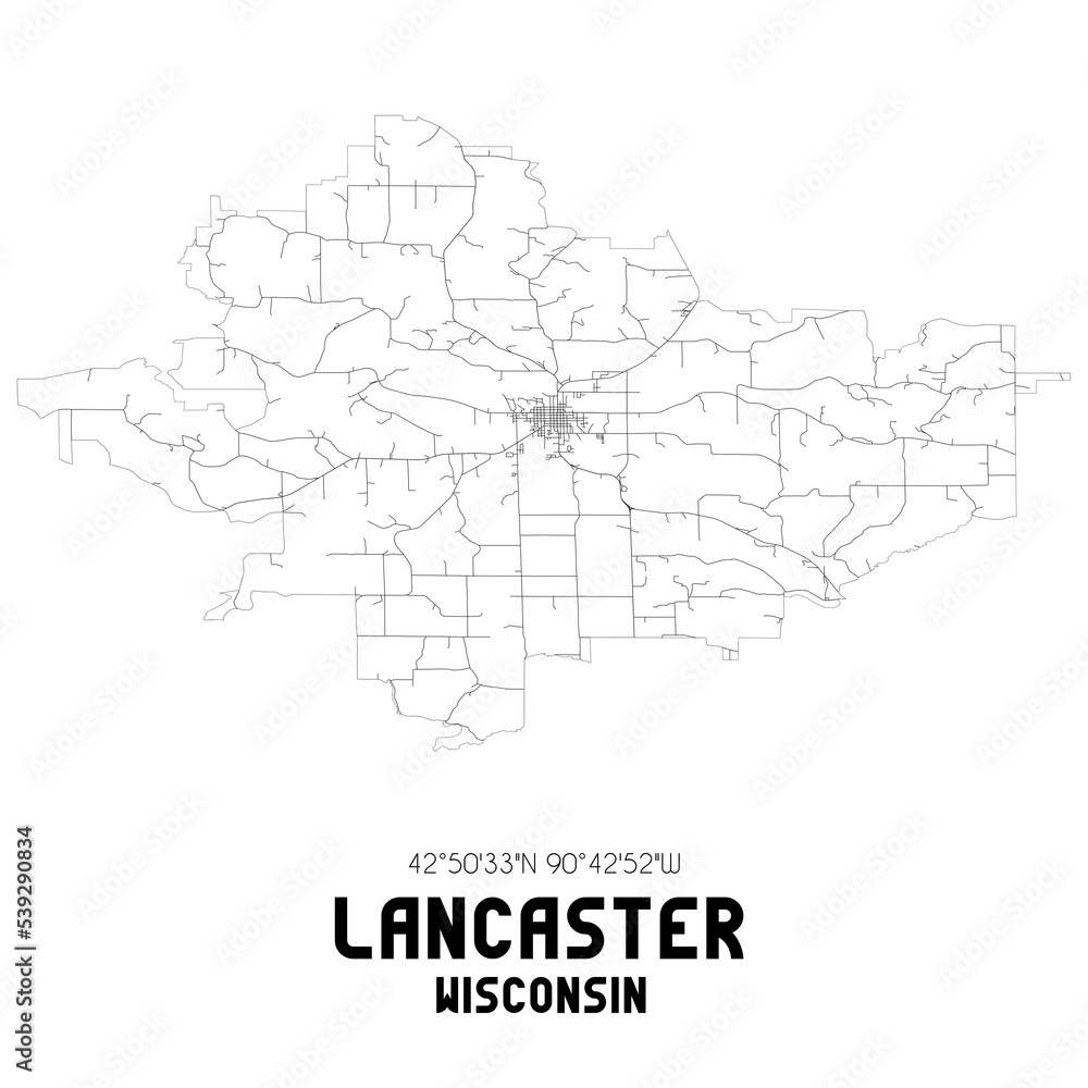 Lancaster Wisconsin. US street map with black and white lines.